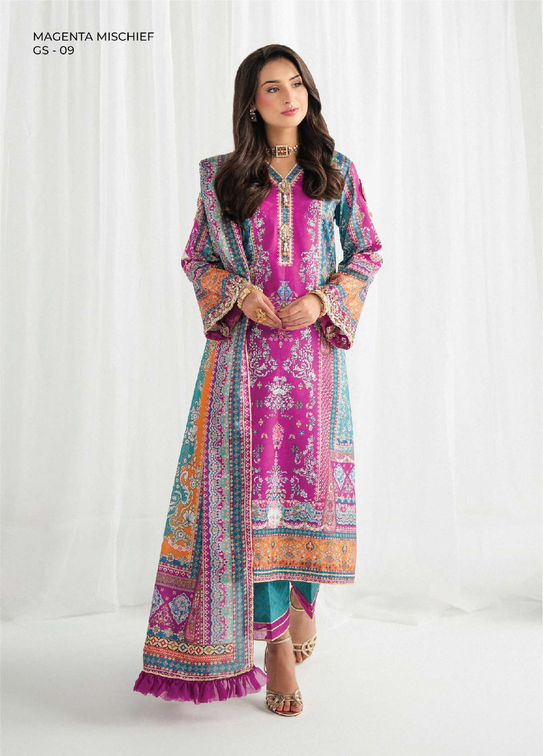 Aira by Gulaal Unstitched Printed Silk 3 Piece Suit GL26USA Magenta Mischief GS-09 - Festive Collection