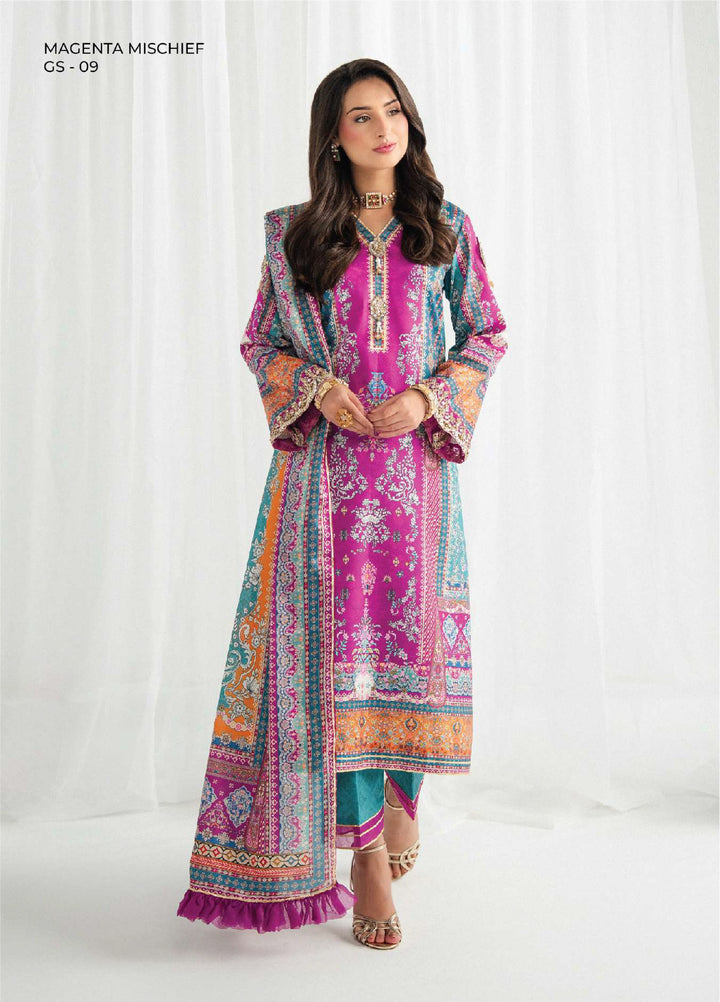 Aira by Gulaal Unstitched Printed Silk 3 Piece Suit GL26USA Magenta Mischief GS-09 - Festive Collection