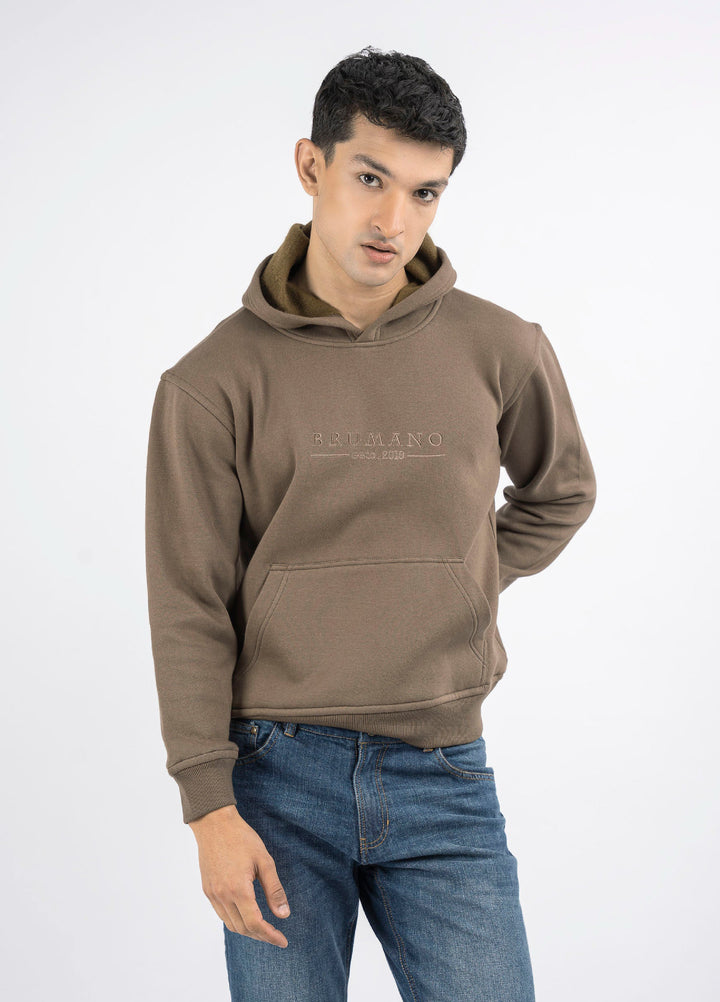 Brumano Embroidered Fleece Brown Embroidered Relaxed Fit Hoodie - Winter Collection