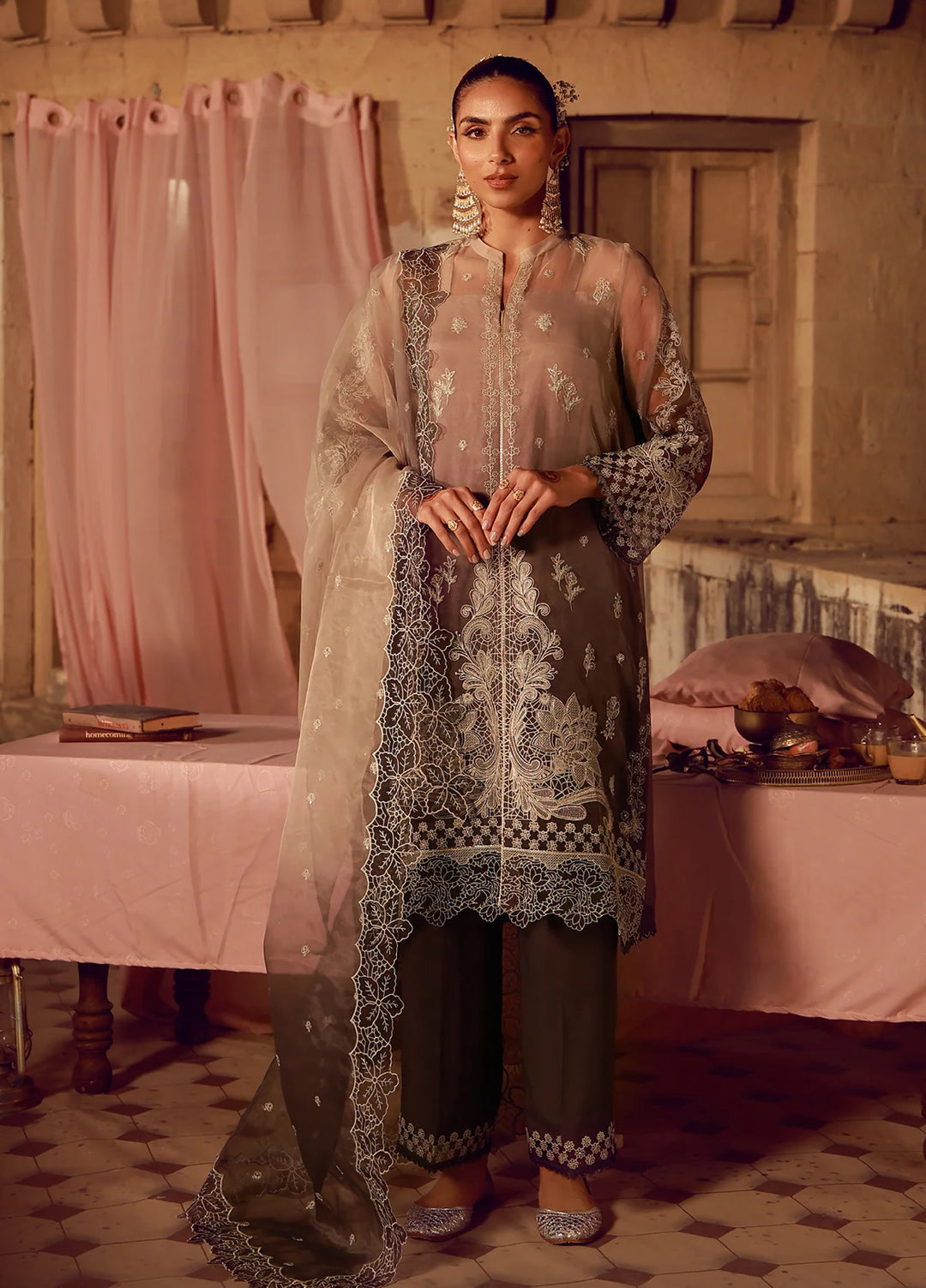 Sahar Unstitched Embroidered Organza Sepia Soiree 4 Piece Suit SS1-26-FE-08 - Summer Collection