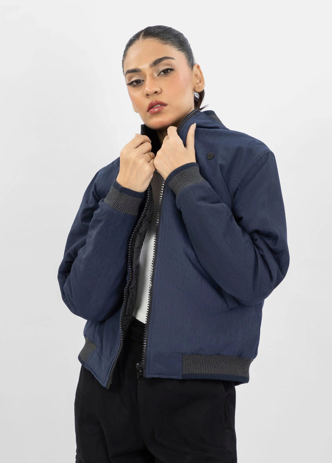 Brumano Pret Solids Polyester 1 Piece Navy Blue Quilted Bomber Jacket With Contrasting Rib - Women
