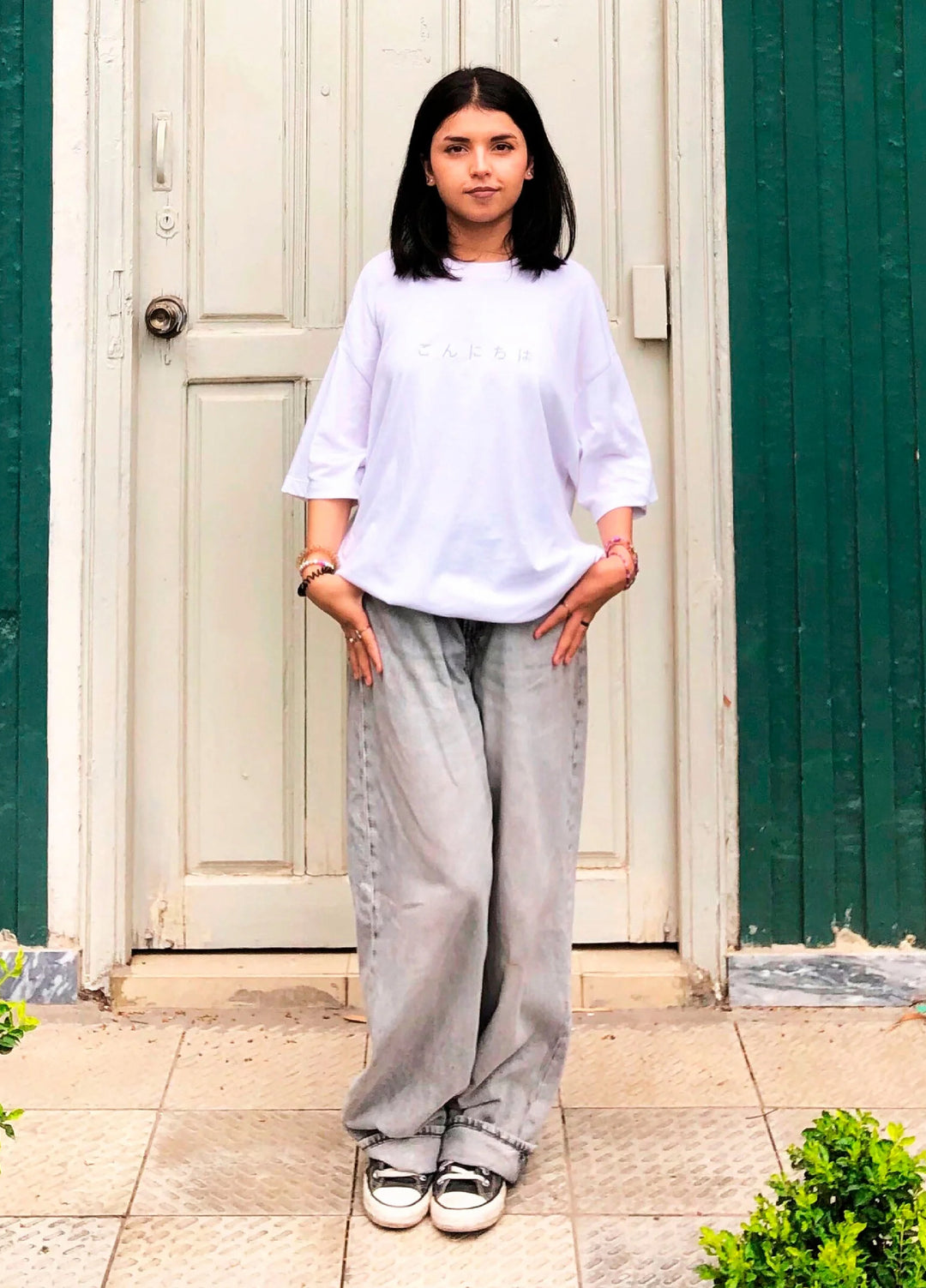 Brumano Cotton Printed Women - White Oversized T-Shirt With Minimalist 'Hello' Embroidery - Women