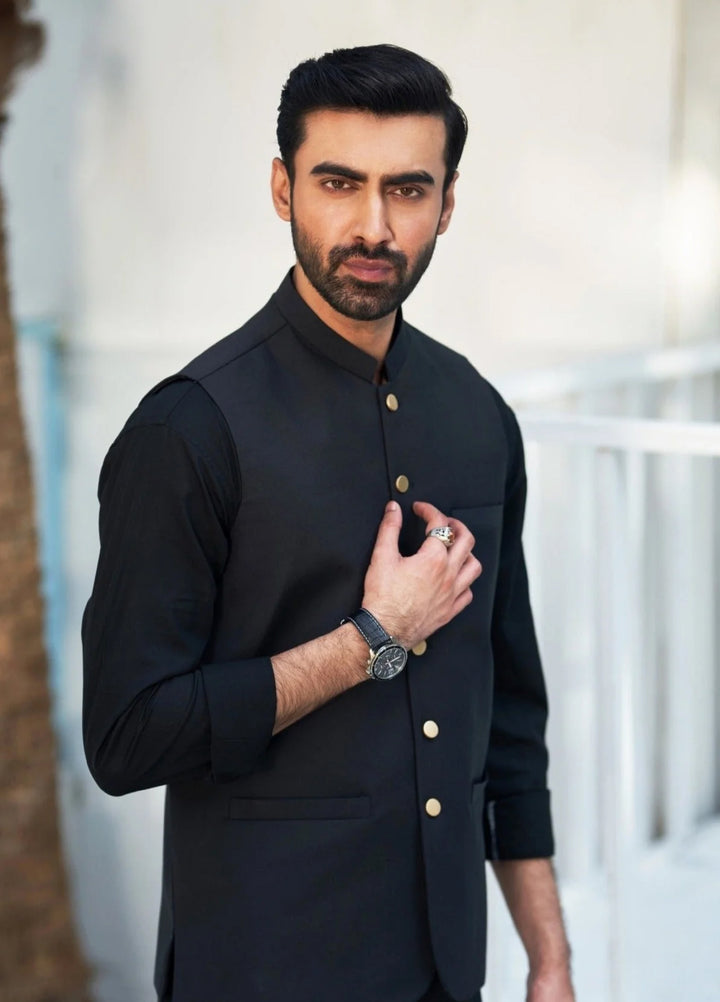 Muraqsh Ready To Wear Solids Cotton Men Black Kurta Trouser with Suiting Waistcoat Round Cut MUR-ABP-KS - Summer Collection