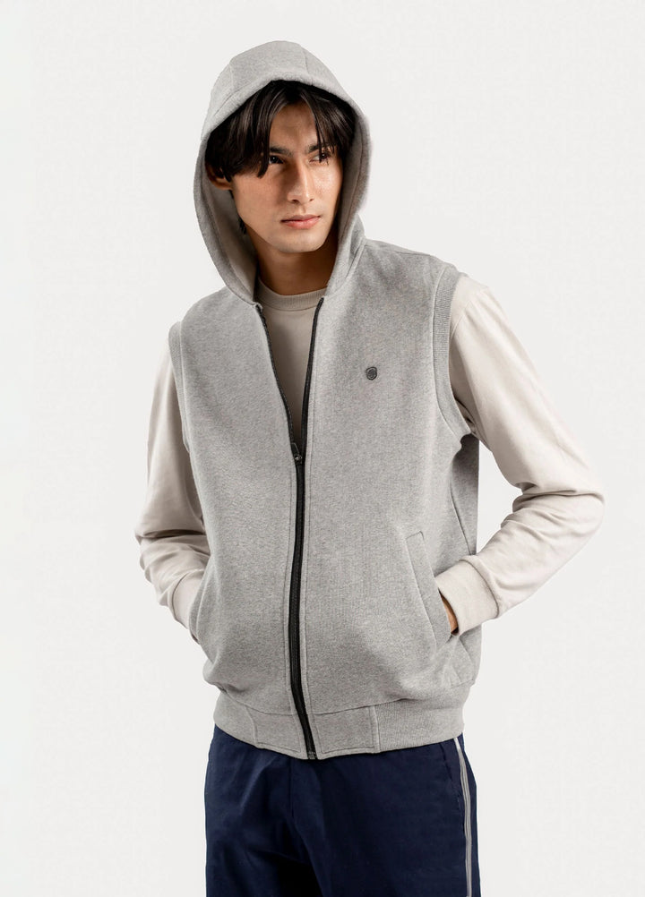 Brumano Solids Fleece Heather Grey Sleeveless Zipper Jacket With Hoodie - Winter Collection