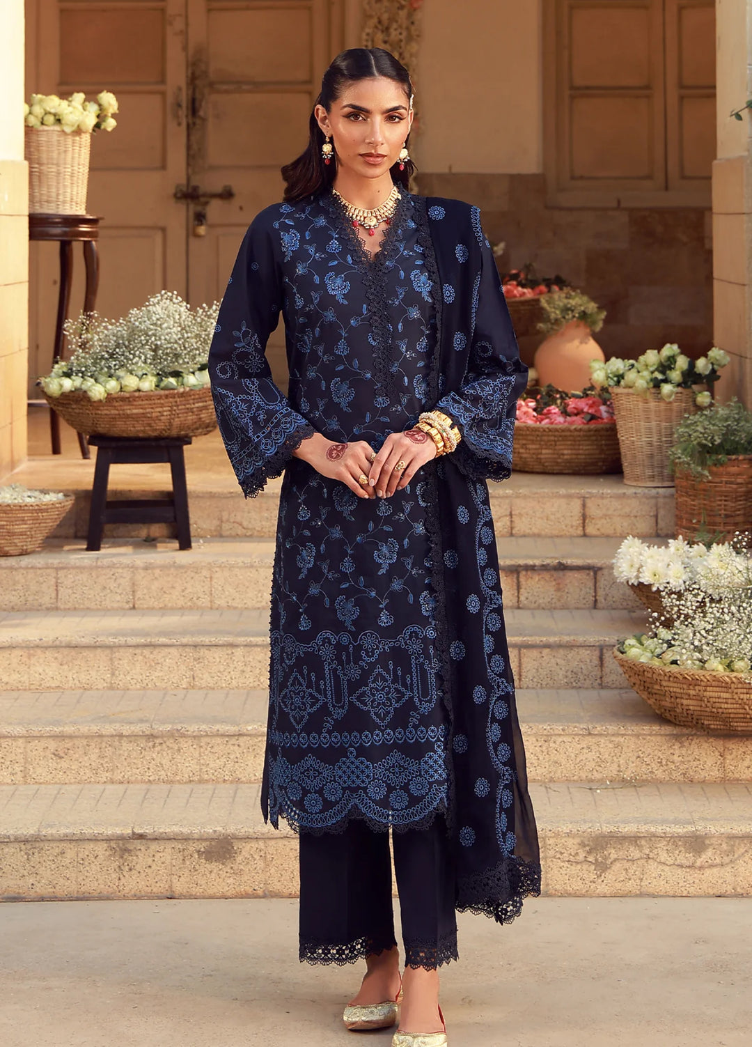 Sahar Unstitched Chikankari Lawn Nocturne Indigo 3 Piece Suit CK-26-V2-07 - Summer Collection
