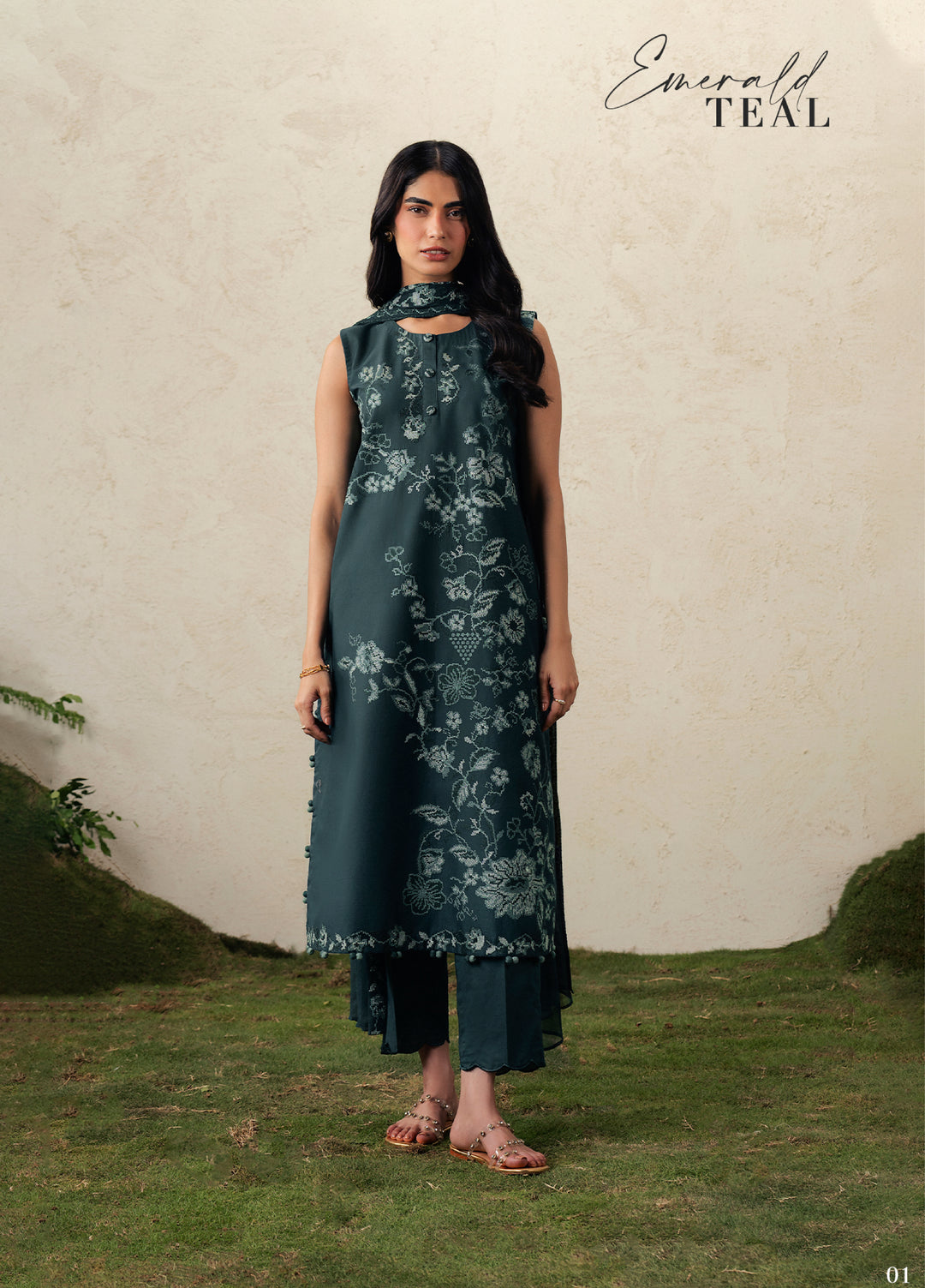 Moonsoon Edit by Cross Stitch Unstitched Embroidered Cambric 3 Piece Suit CS26UCM Emerald Teal - Casual Collection