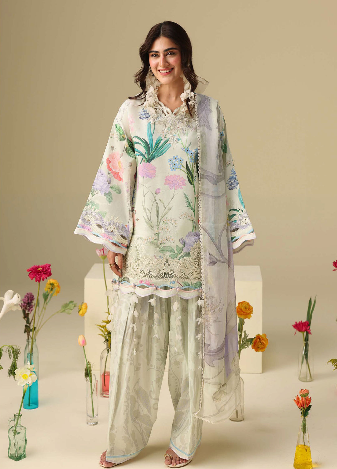 Soleil Hemline by Mushq Unstitched Printed Lawn 3 Piece Suit MU26USL Vanilla Lush HUNSS260306 - Festive Collection