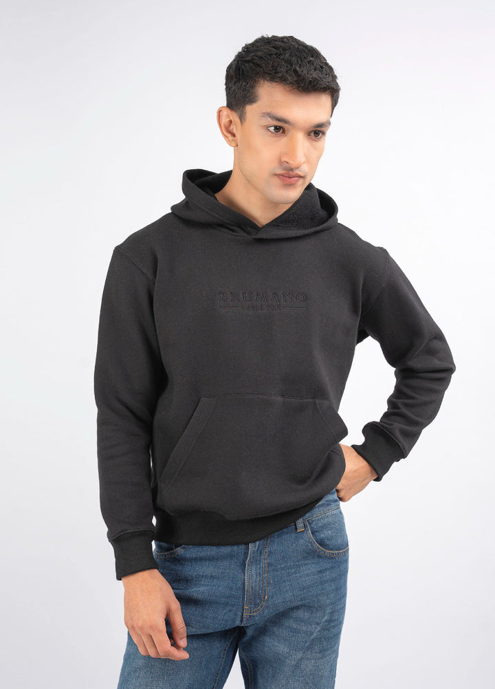 Brumano Embroidered Fleece Black Embroidered Relaxed Fit Hoodie - Winter Collection