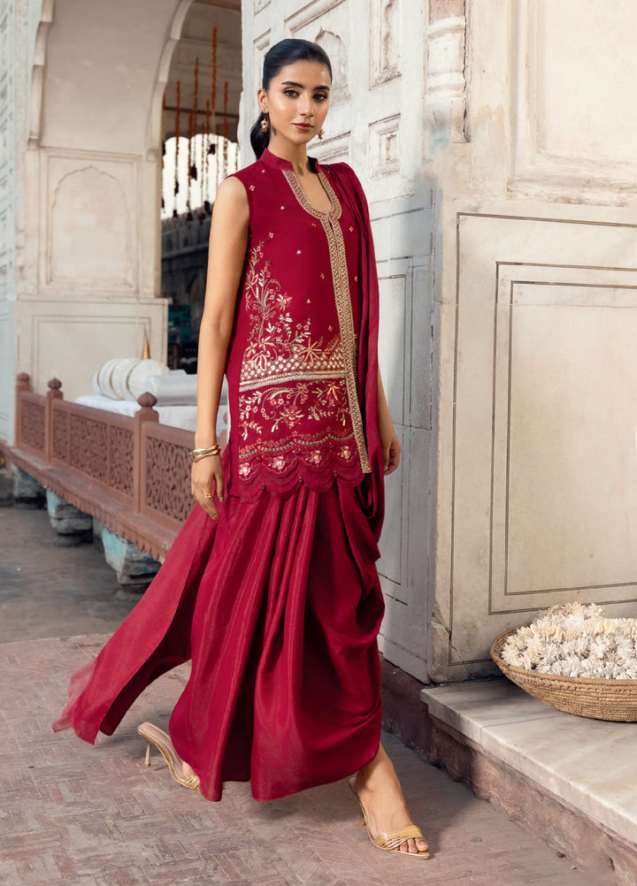 M basics by Maria B Unstitched Chiffon Embroidered Suits 3 Piece MB25WF D-808 Deep Red - Winter Collection