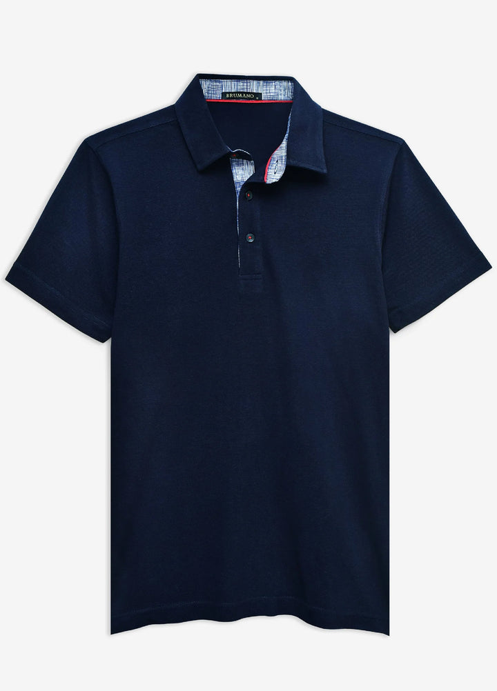Brumano  Solids Cotton Polo Navy Blue Self Collar Polo With Contrasting Detailing