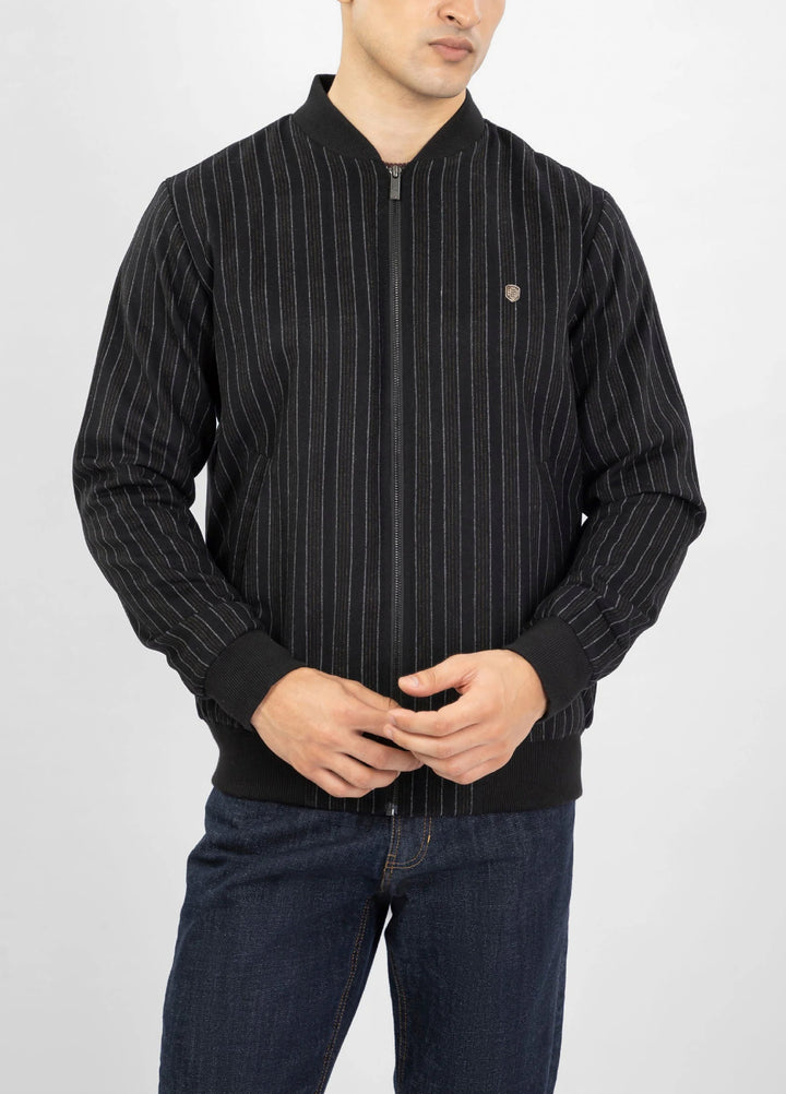 Brumano Pret Solids Polyester 1 Piece Black Striped Wool Bomber Jacket