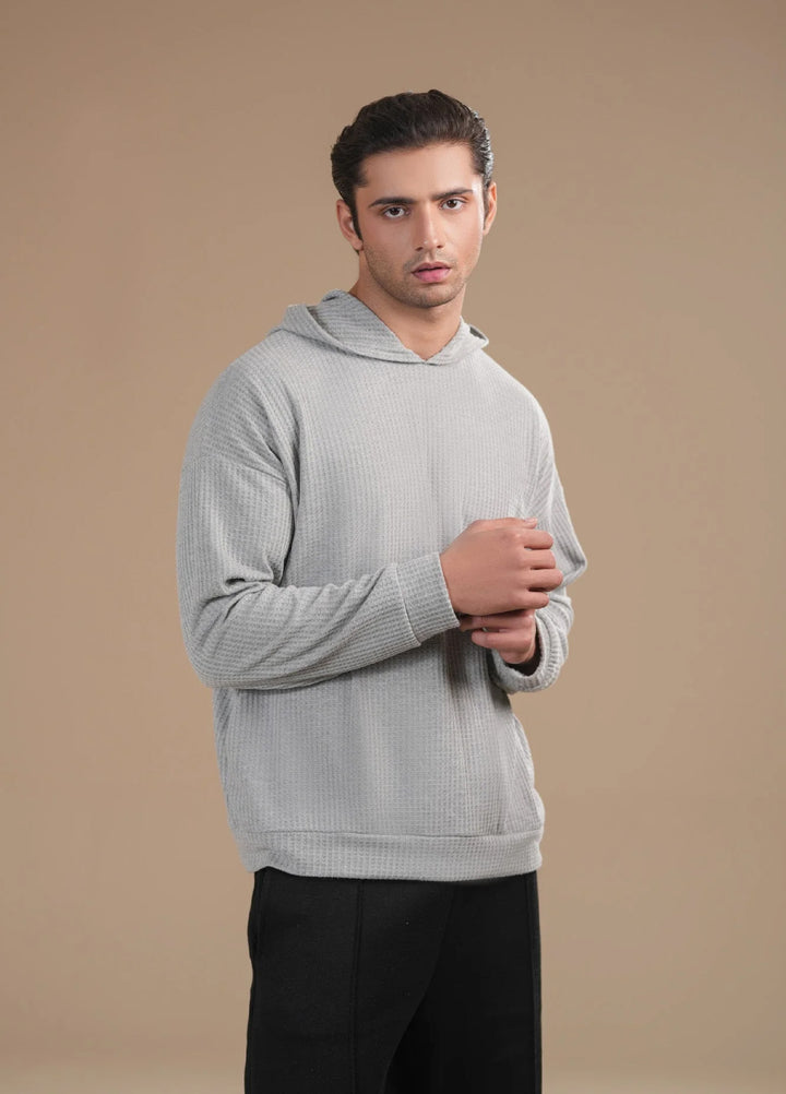 Muraqsh Ready To Wear Solids Cotton Men Grey Waffle Pullover Hoodie Relaxed Fit ABD-GWPH - Summer Collection
