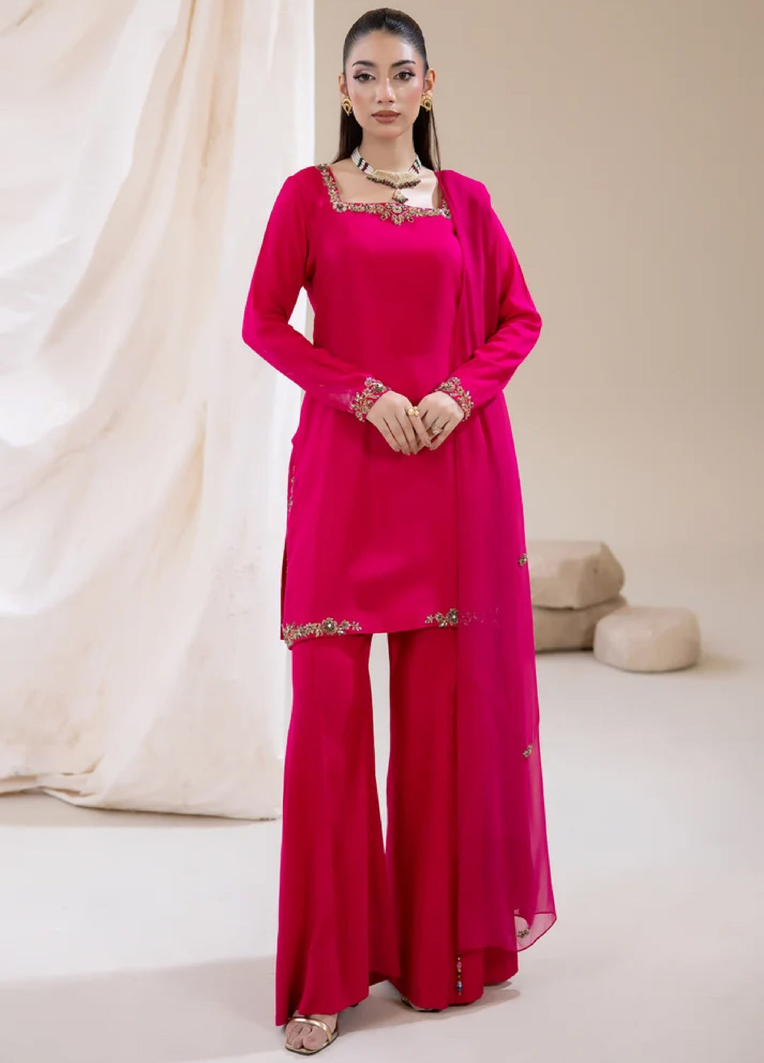 Alee Malic RTW Hand Work Raw Silk 3 Piece Suit Crimson - Wedding Collection