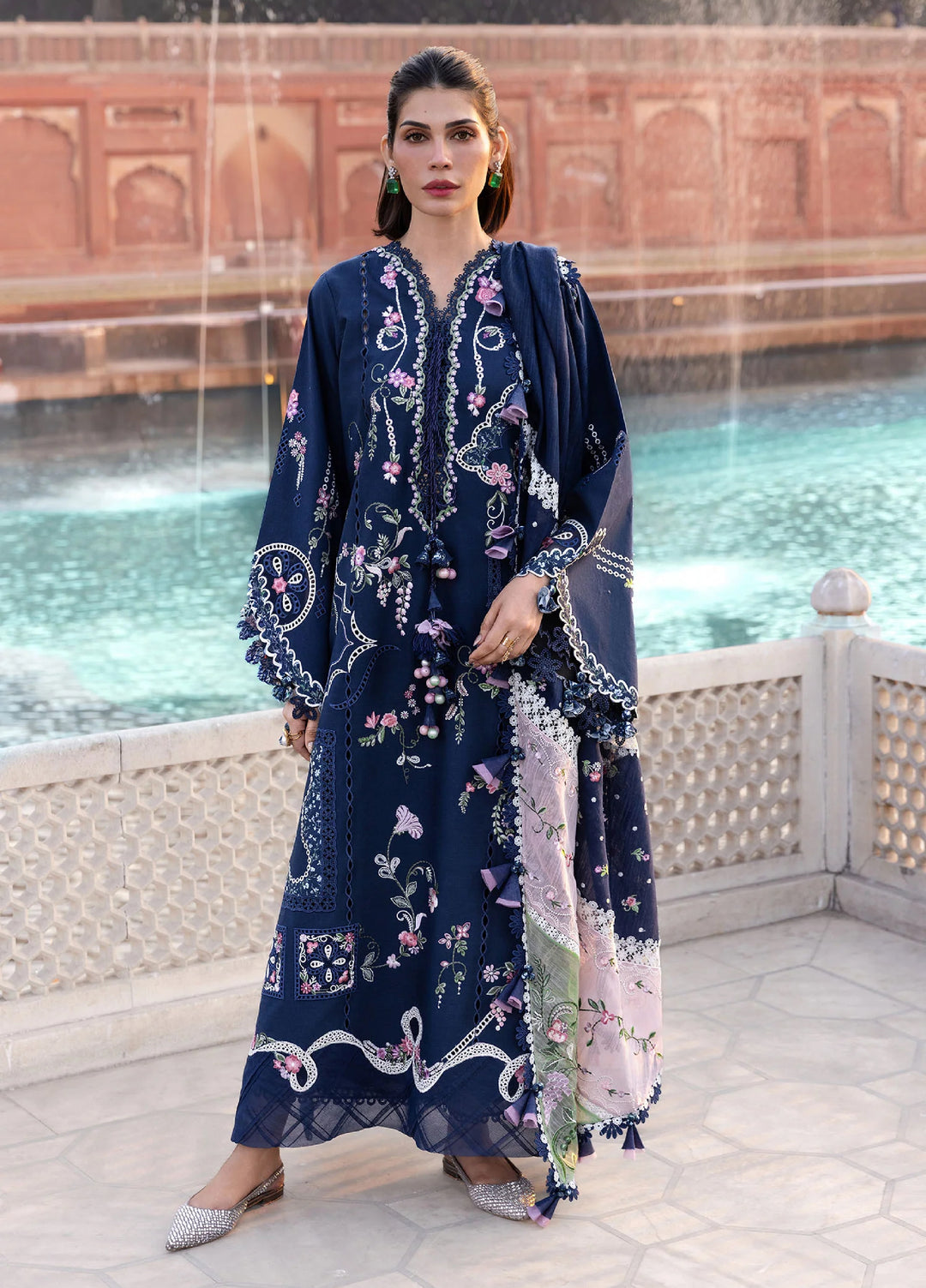 Flow by Crimson Unstitched Embroidered Lawn 3 Piece Suit CR26UFL D7 B-Midnight Blue - Festive Collection