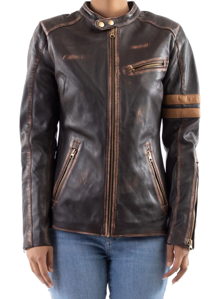 Jild Bomber Jacket Solids Distressed Racer Vintage Leather Jacket Women Brown - Winter Collection