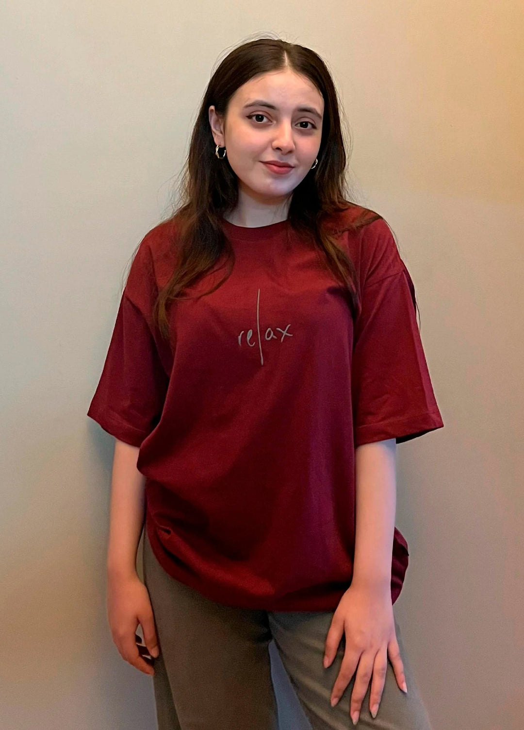 Brumano Cotton Printed Women - Maroon Oversized T-Shirt With Minimalist 'Relax' Embroidery - Women