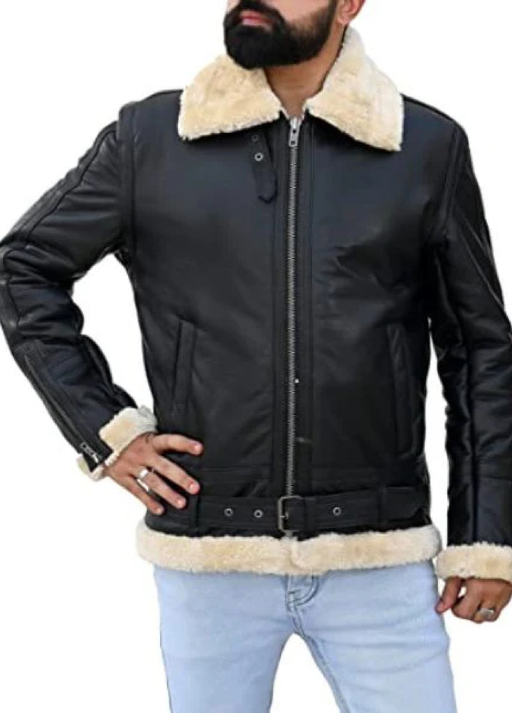 Jild Bomber Jacket Solids Mens Premium Shearling Fur Leather Jacket Black - Winter Collection