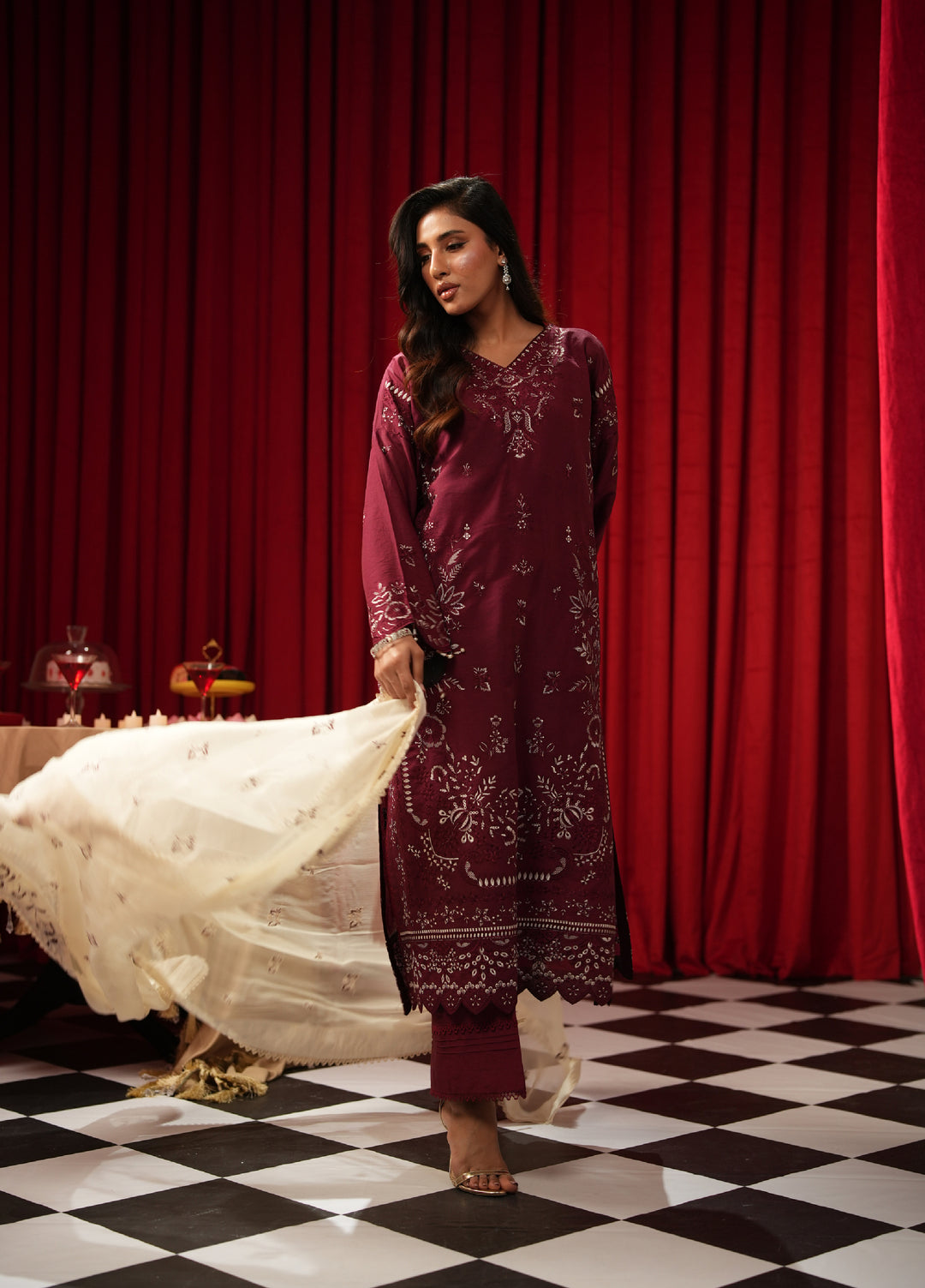 Freesia by Zouj Unstitched Embroidered Cotton 3 Piece Suit ZJ26UFC ROYAL BURGUNDY ZCS-00018 - Festive Collection