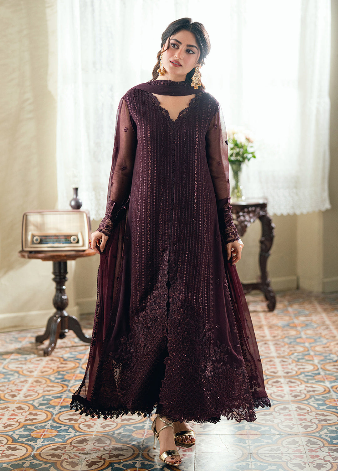 Eid Ensembles by Azure Unstitched Embroidered Chiffon 3 Piece Suit AZ26UEE ES-138 Nectar Rouge - Eid Collection
