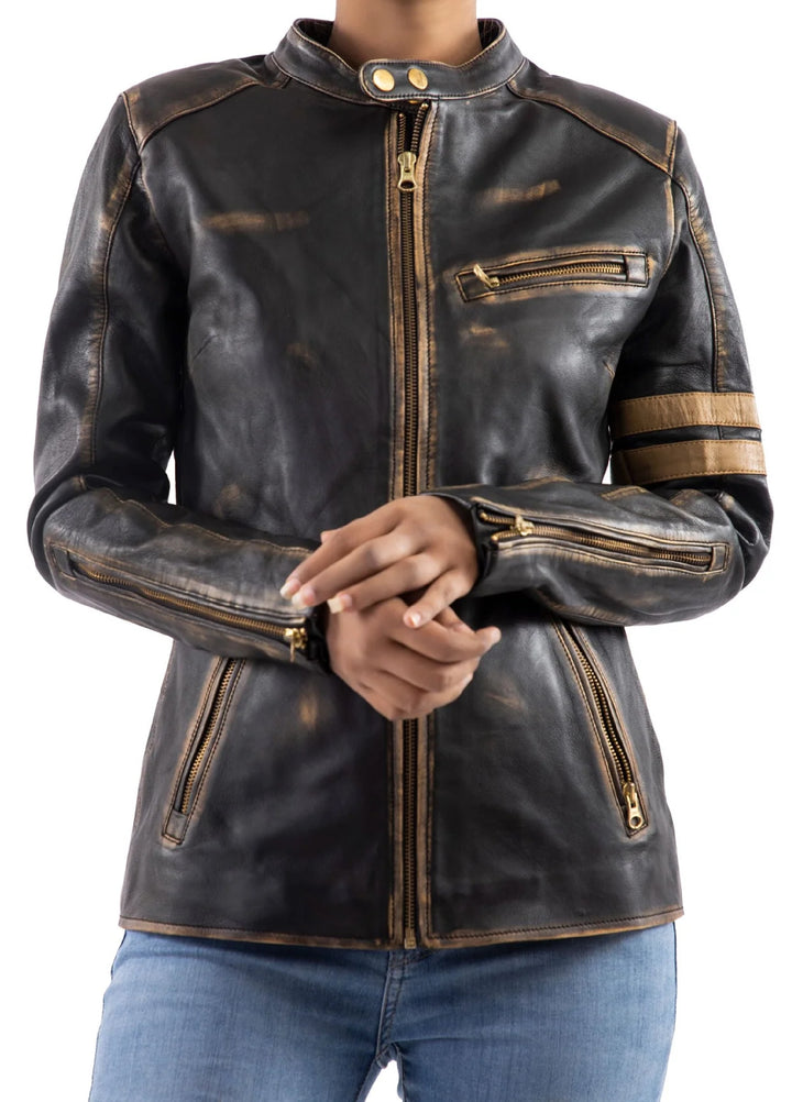 Jild Bomber Jacket Solids Distressed Racer Vintage Leather Jacket Women Black - Winter Collection