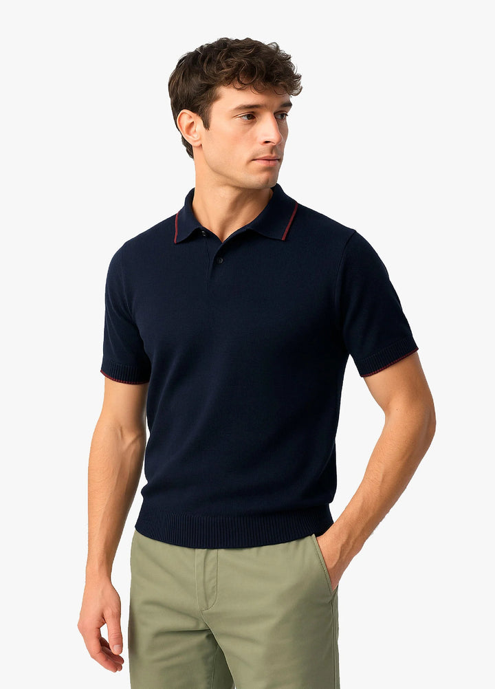Brumano  Solids Cotton Polo Navy Blue Flat Knit Polo With Tipped Collar