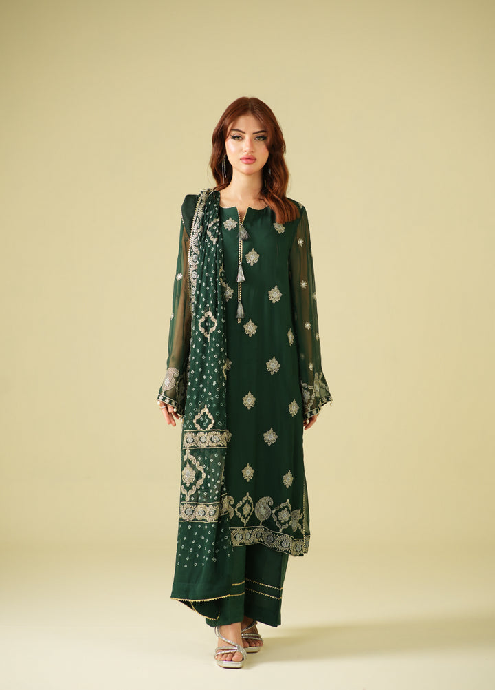 Satrang by Zouj Unstitched Chunri Chiffon Embroidered Suits 3 Piece ZJ25SC ZJCH-0030 Dark Green - Festive Collection