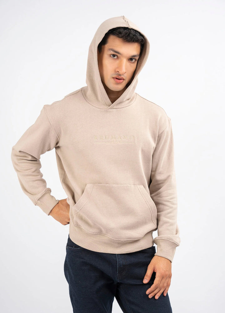 Brumano Embroidered Fleece Beige Embroidered Relaxed Fit Hoodie - Winter Collection