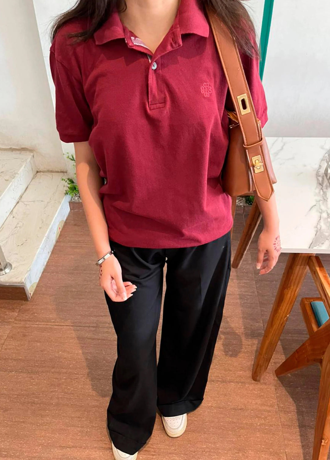 Brumano Solids Maroon 100% Cotton Pique Polo - Women