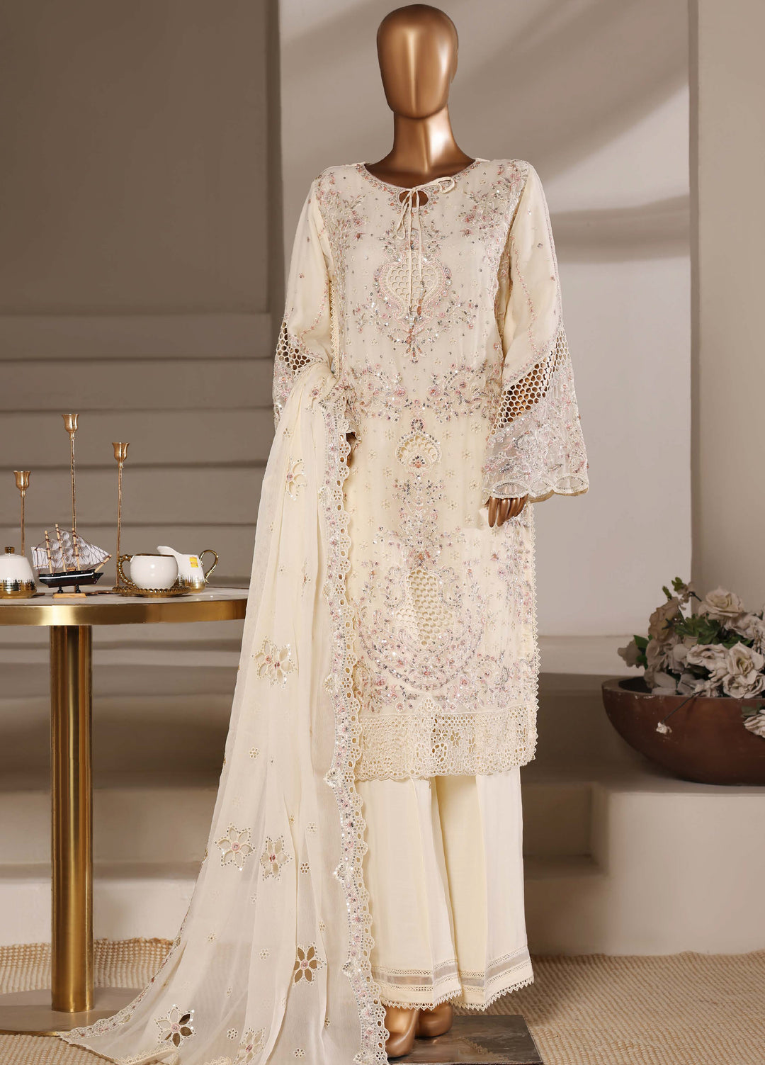 Fasane by HZ Textiles RTW Embroidered Chiffon 3 Piece Suit HZ26UCF HZK-236 Cream - Festive Collection