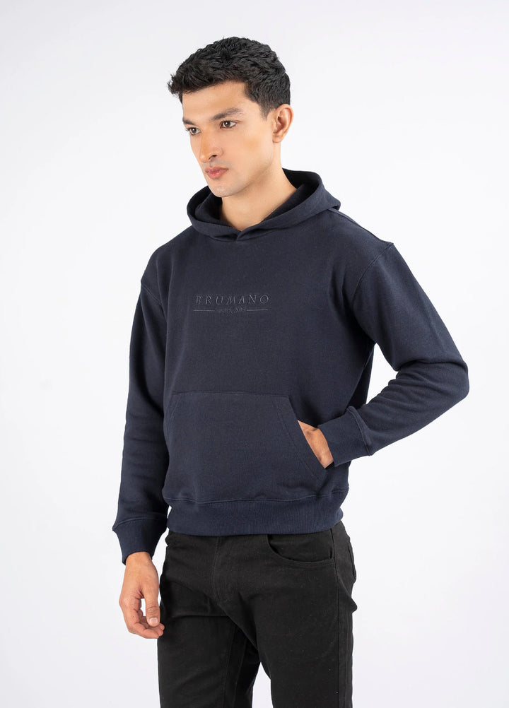 Brumano Embroidered Fleece Navy Blue Embroidered Relaxed Fit Hoodie - Winter Collection