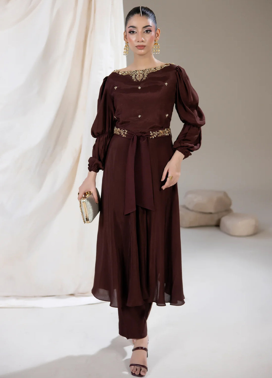 Alee Malic RTW Hand Work Raw Silk 3 Piece Suit Espresso - Wedding Collection
