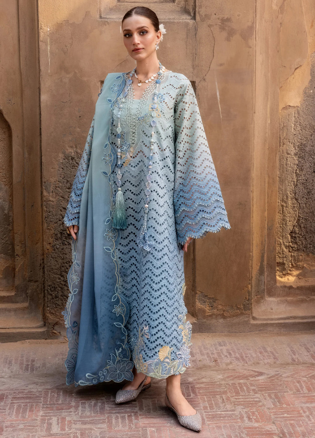 Flow by Crimson Unstitched Embroidered Lawn 3 Piece Suit CR26UFL D8 A-Ocean - Festive Collection