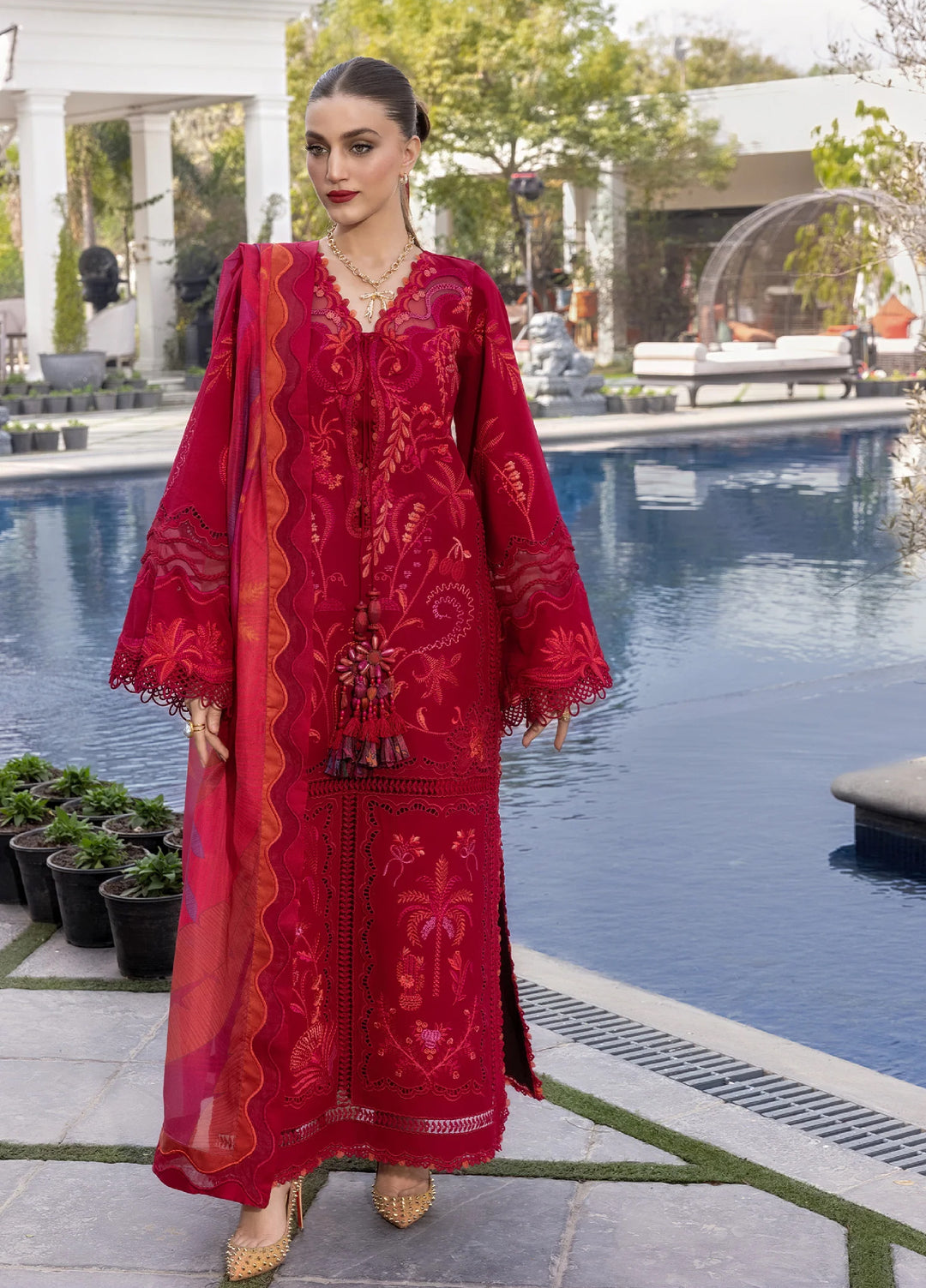 Flow by Crimson Unstitched Embroidered Lawn 3 Piece Suit CR26UFL D3 A-Petal Red - Festive Collection