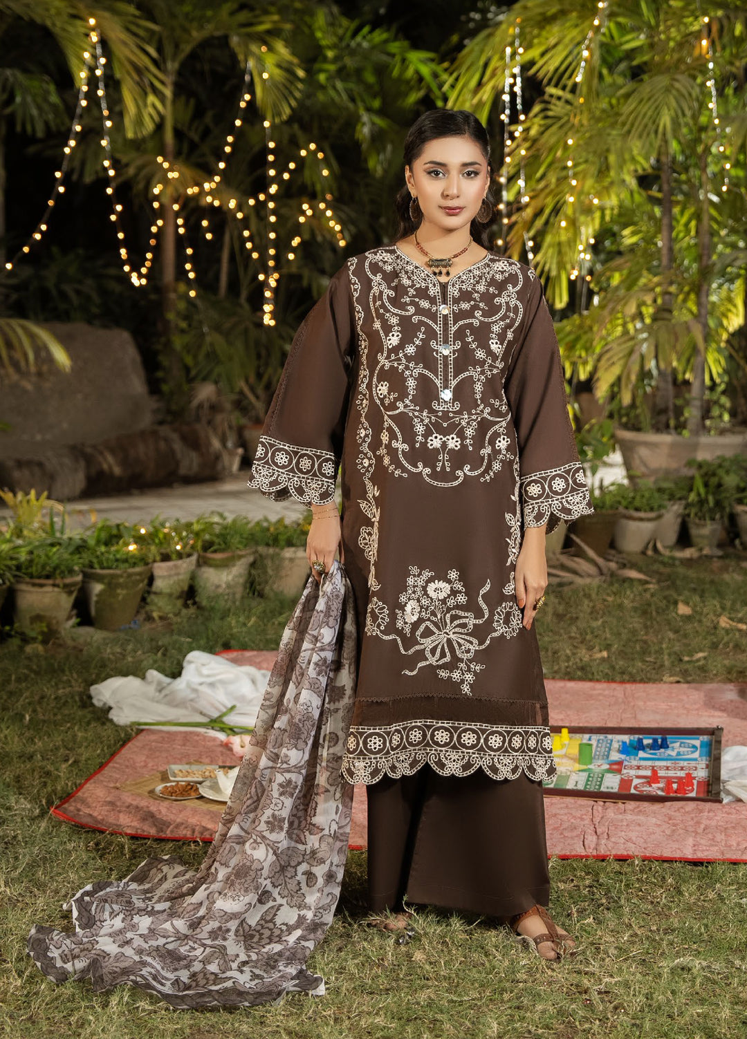Dhaga Women RTW Embroidered Cotton 3 Piece DHG26PCN Mocha Elegence - Eid Collection
