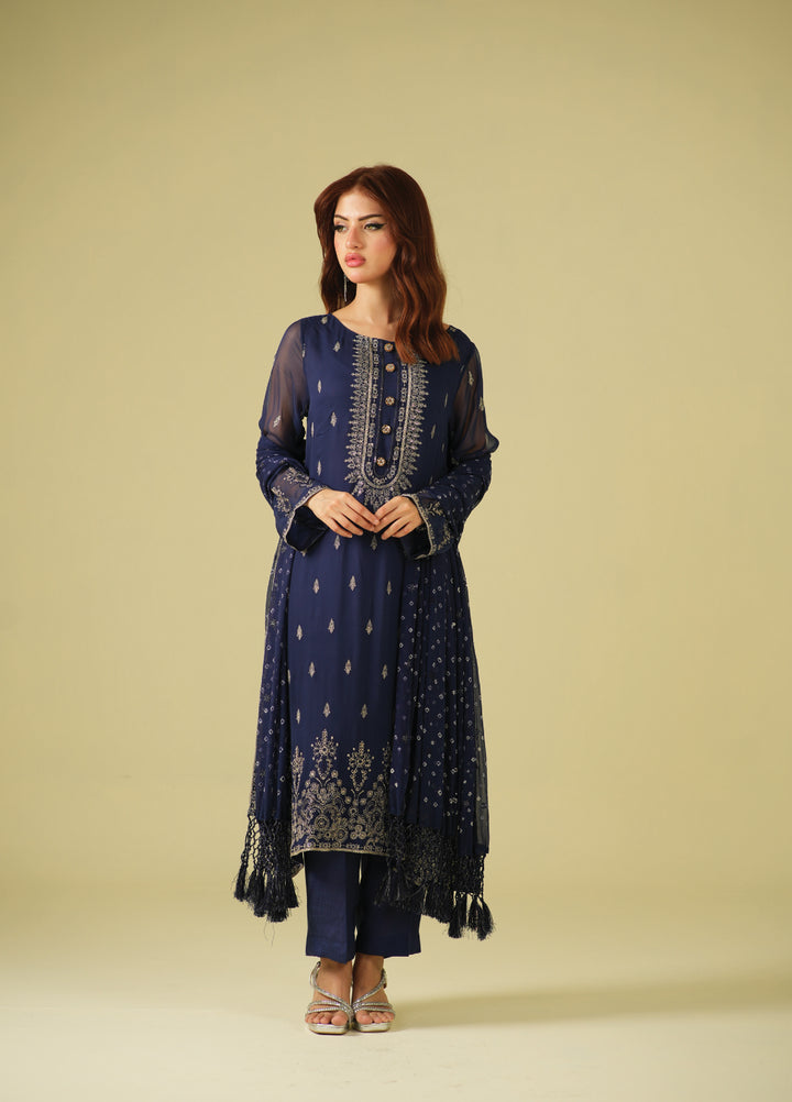 Satrang by Zouj Unstitched Chunri Chiffon Embroidered Suits 3 Piece ZJ25SC ZJCH-0032 Navy Blue - Festive Collection