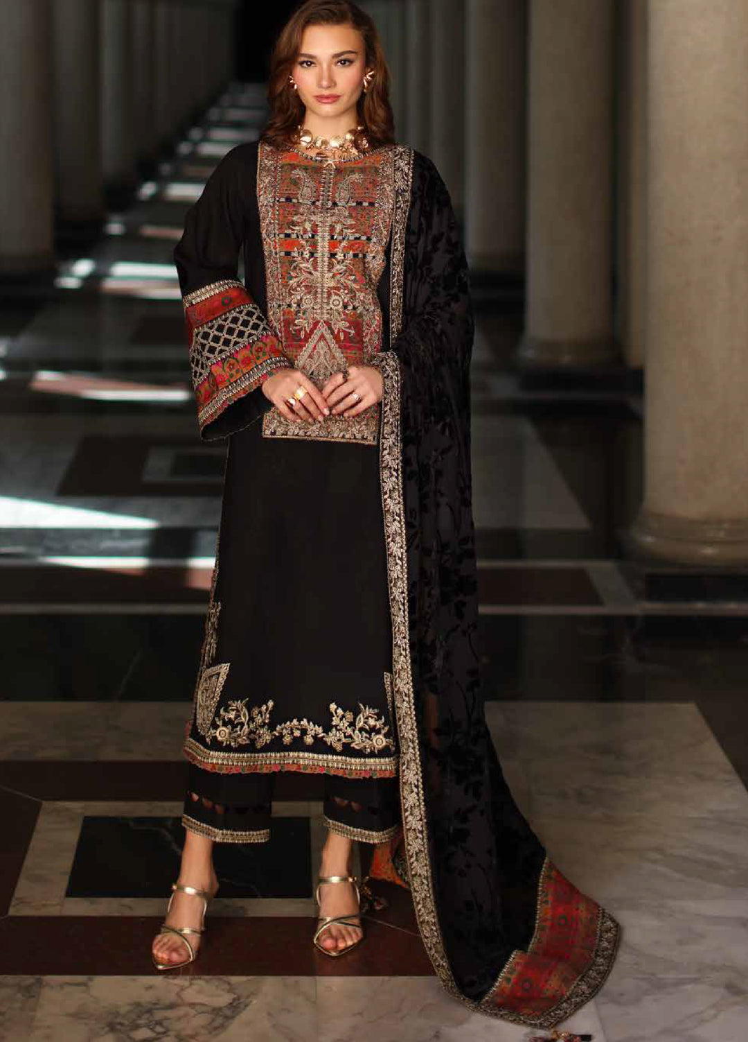 Poshima by Charizma Unstitched Peach Leather Embroidered Suit with Velvet Shawl 3 Piece CRZ25LW PSW5-21 - Winter Collection