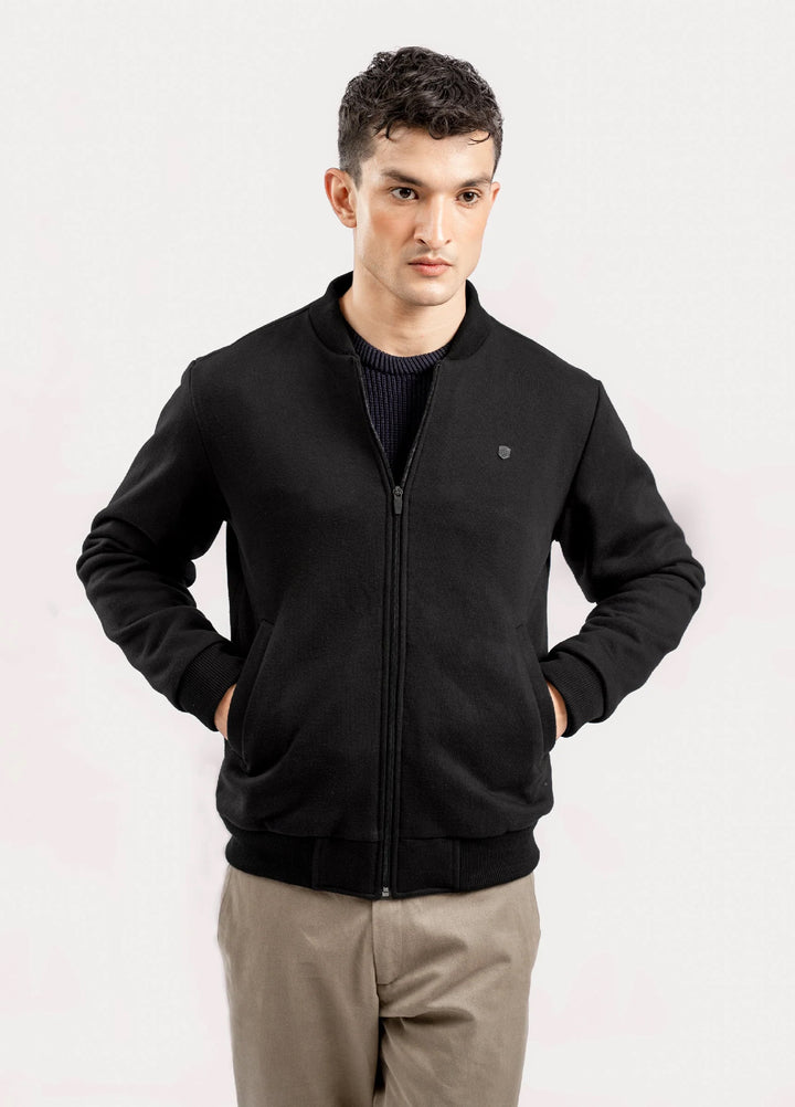 Brumano Pret Solids Polyester 1 Piece Black Knitted Bomber Jacket