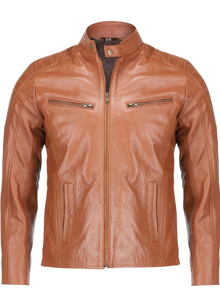 Mens Tan Lambskin Biker Style Leather Jacket