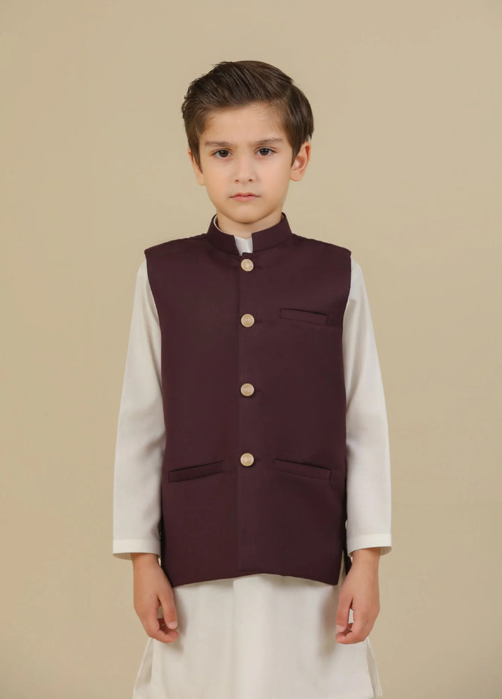 Muraqsh Ready To Wear Solids Cotton Boys Beige Suiting Waistcoat Straight Cut Buttoned MUR-BSW - Summer Collection