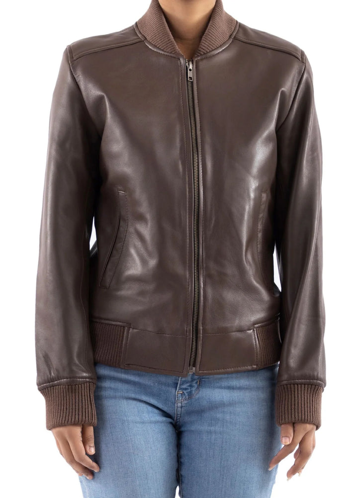Jild Bomber Jacket Solids Womens Bomber Leather Jacket Brown - Winter Collection