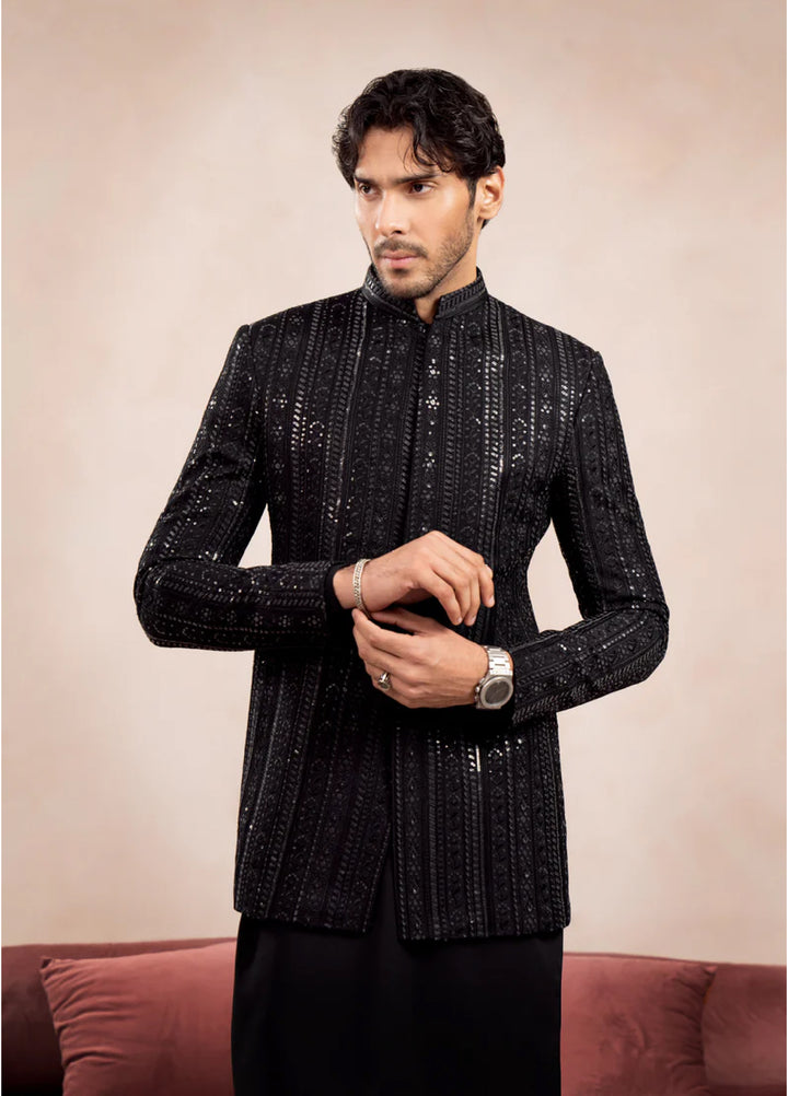 Muraqsh Ready To Wear Embroidered Cotton Men Black Falling Pani Sequin Prince Coat MUR-BFE-P - Summer Collection