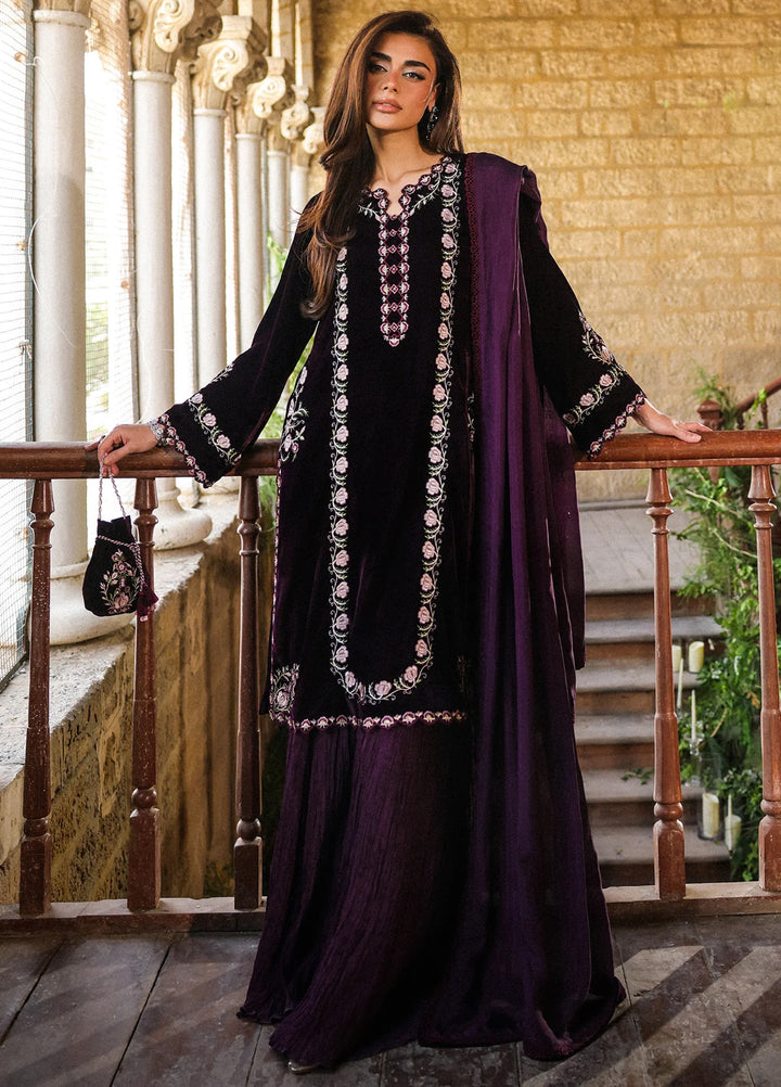 Elayra by Sahar Pret Velvet 3 Piece Embroidered Aubergine Noir - Festive Collection
