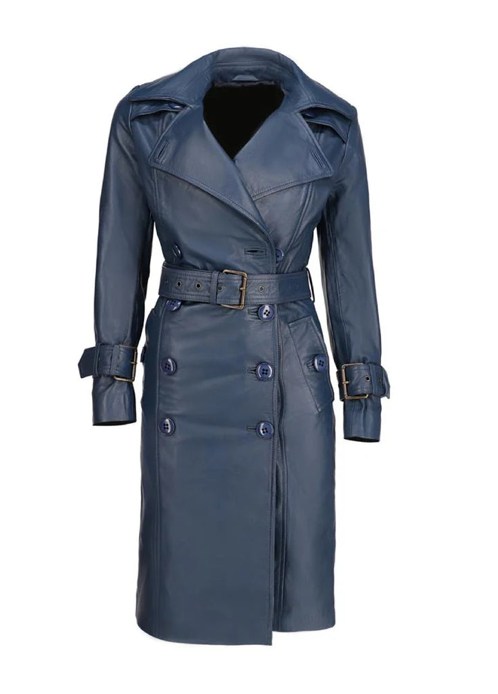 Jild Bomber Jacket Solids Womens Leather Long Coat Blue - Winter Collection