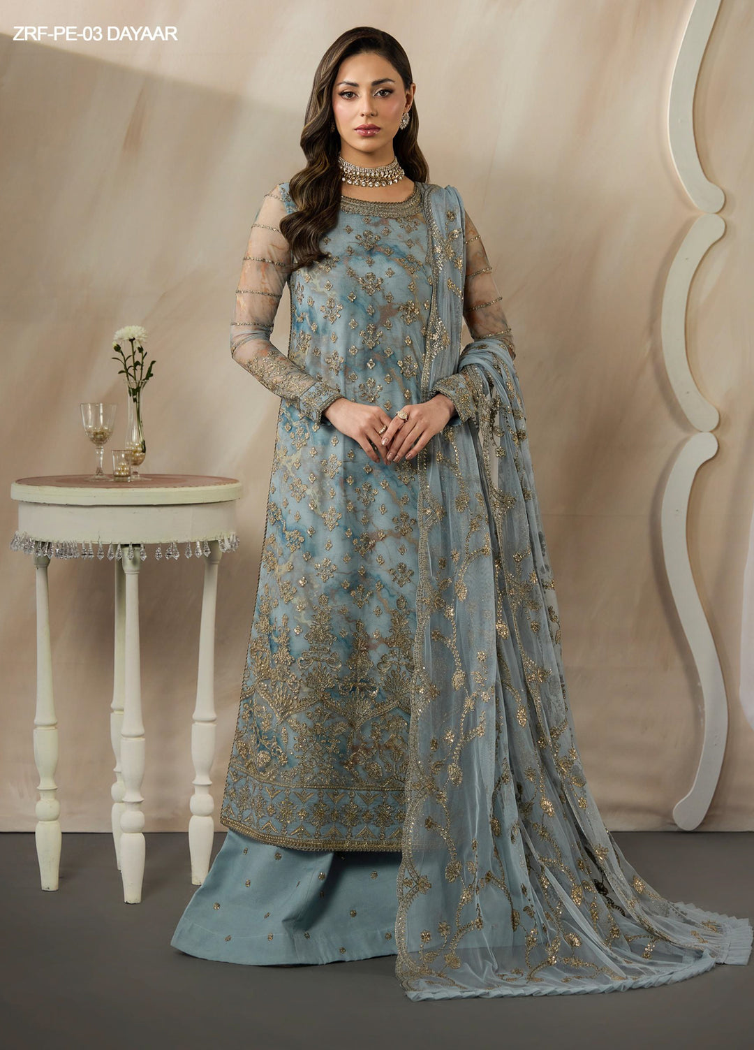 Fasana by Zarif Unstitched Embroidered Net 3 Piece Suit ZR26UF ZRF-PE-03 Dayaar - Festive Collection