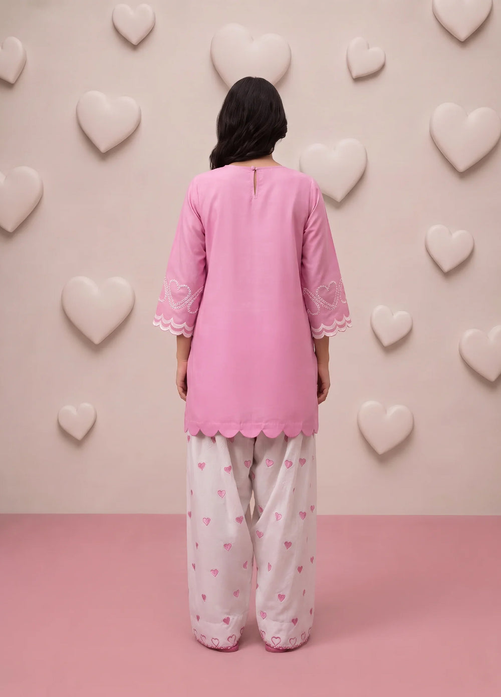 Scherezade Women RTW Embroidered Lawn Cotton 3 Piece Suit PINK HEARTS - Casual Collection