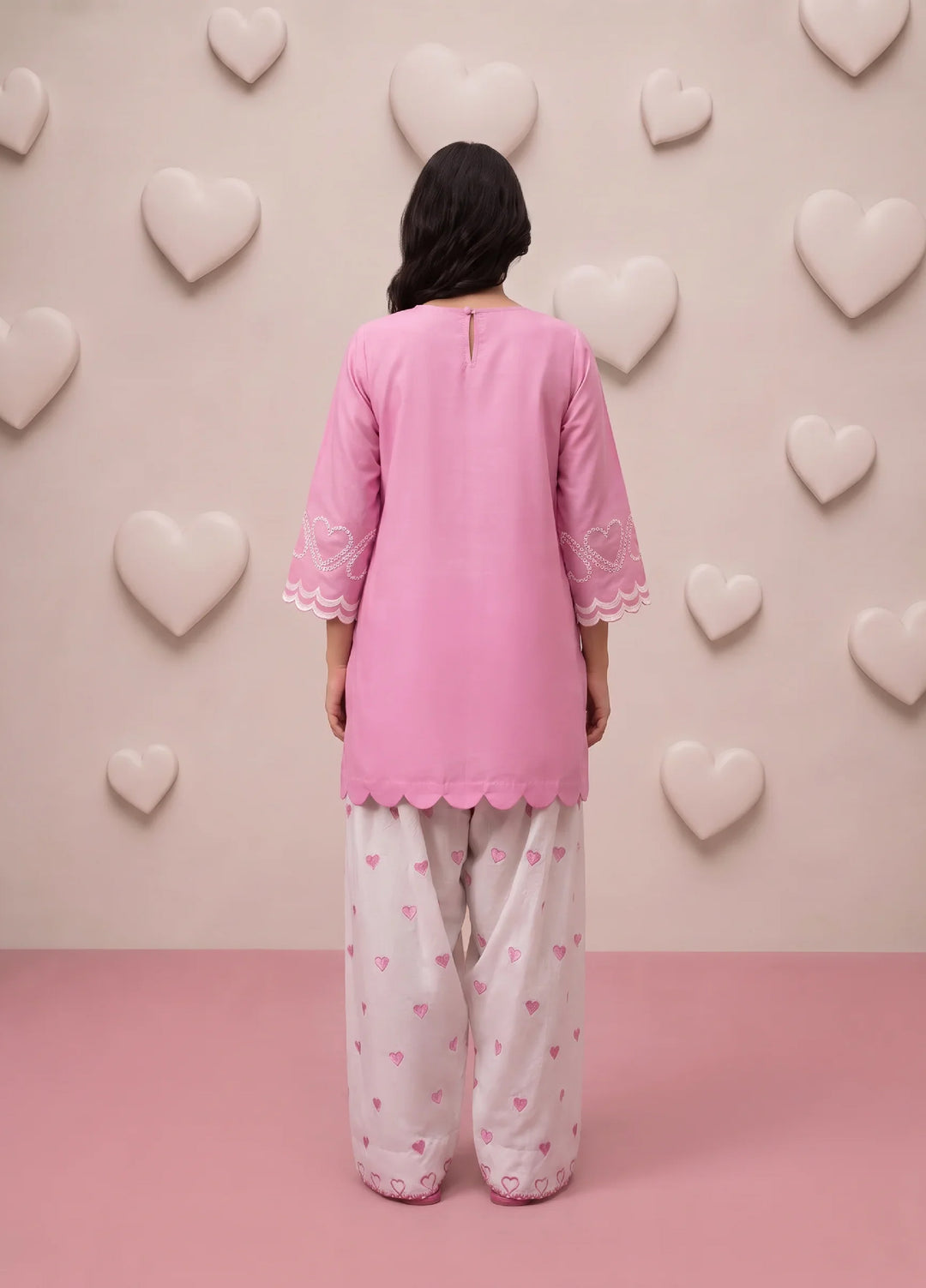 Scherezade Women RTW Embroidered Lawn Cotton 3 Piece Suit PINK HEARTS - Casual Collection