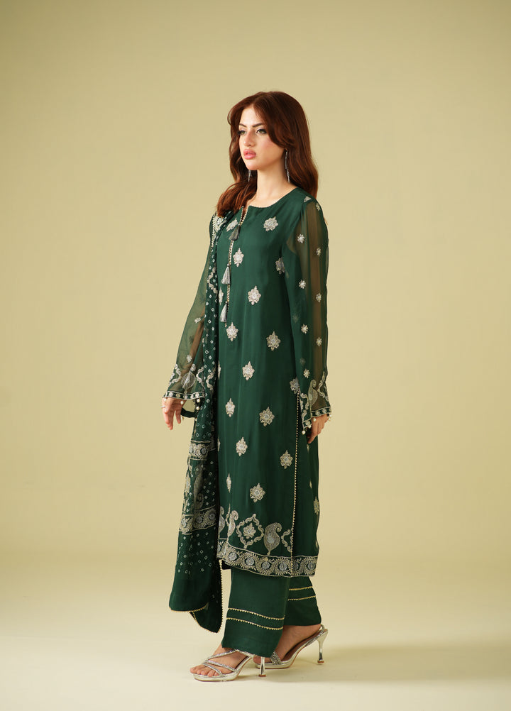 Satrang by Zouj Unstitched Chunri Chiffon Embroidered Suits 3 Piece ZJ25SC ZJCH-0030 Dark Green - Festive Collection