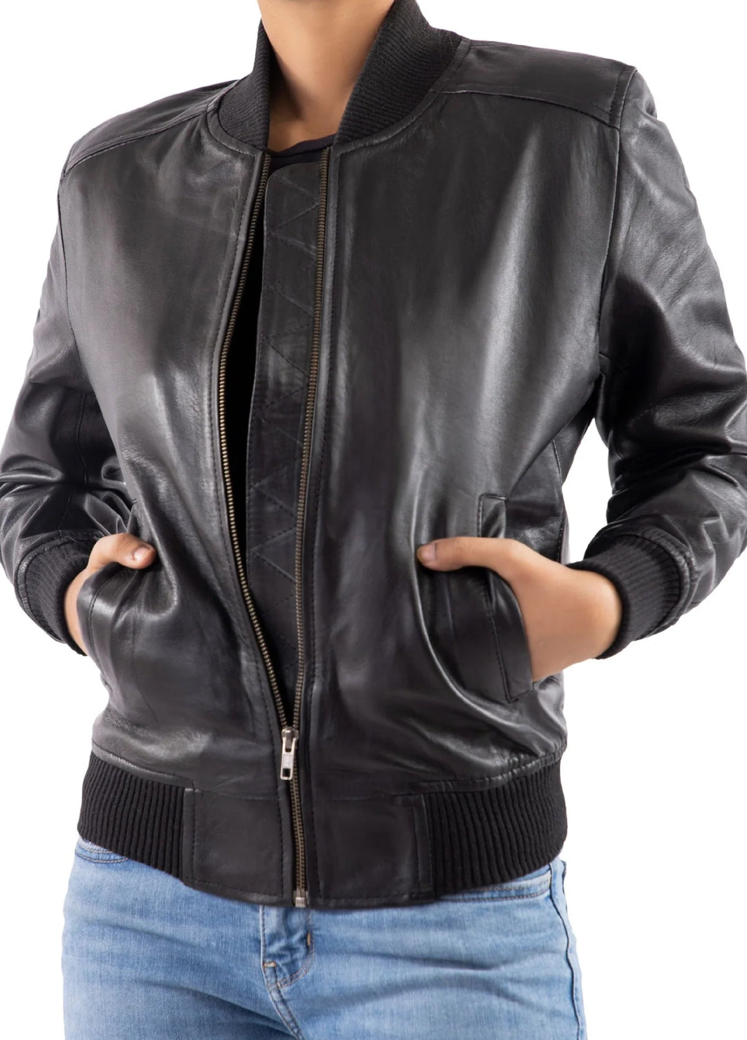 Jild Bomber Jacket Solids Womens Bomber Leather Jacket Black - Winter Collection