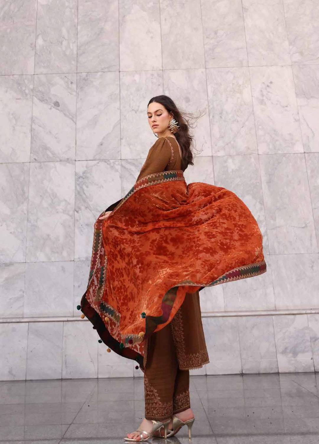 Poshima by Charizma Unstitched Peach Leather Embroidered Suit with Velvet Shawl 3 Piece CRZ25LW PSW5-18 - Winter Collection