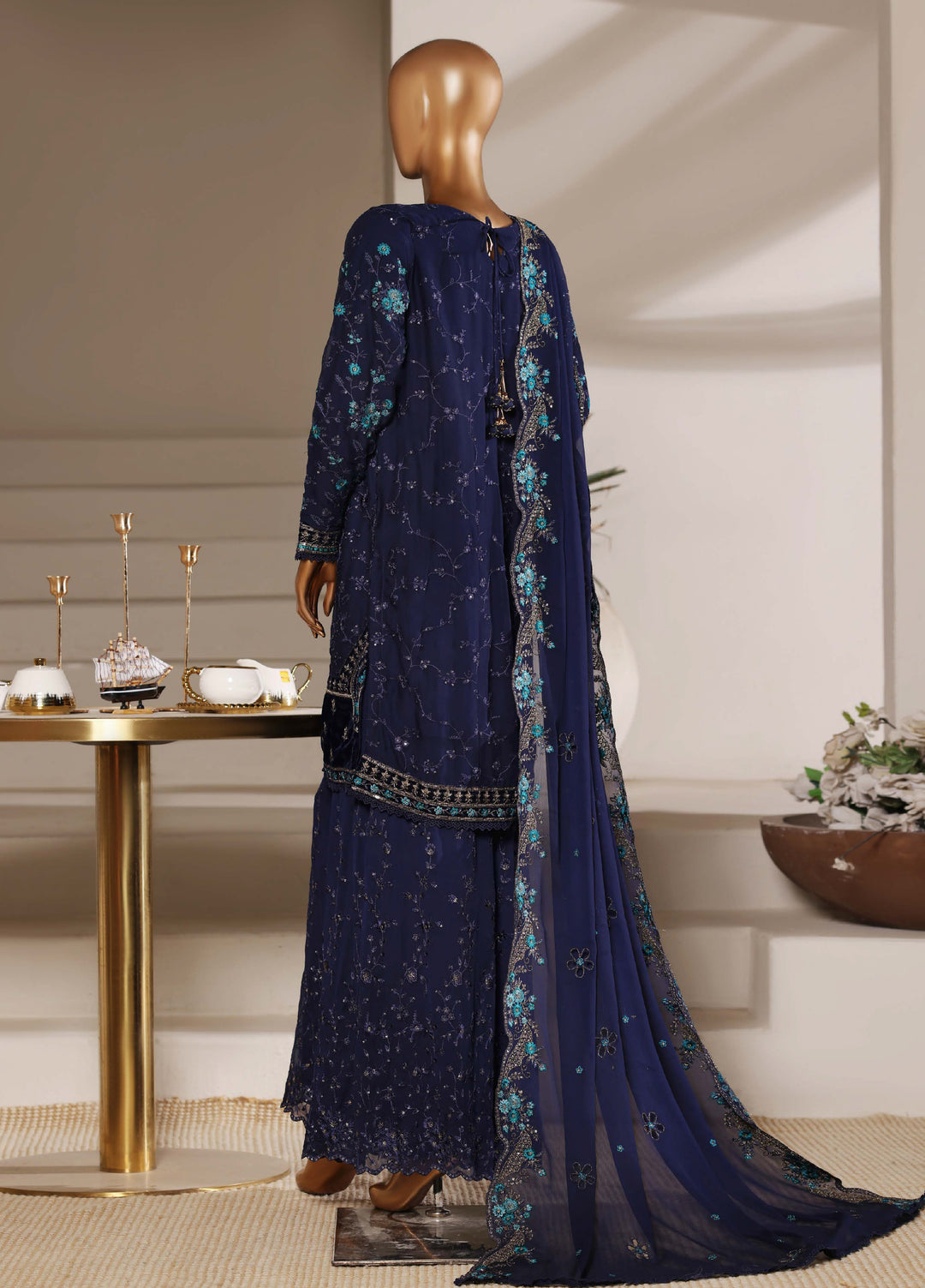 Fasane by HZ Textiles RTW Embroidered Chiffon 3 Piece Suit HZ26UCF HZK-239 Navy - Festive Collection
